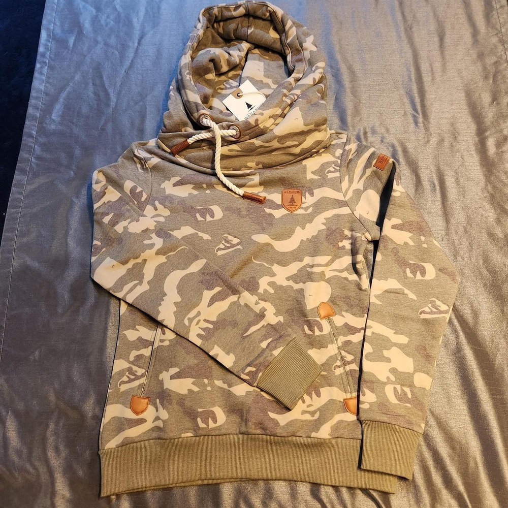 Wanakome Artemis Camo Cowl Neck Hoodie Rope Pull Green Tan 702P Womens Medium
